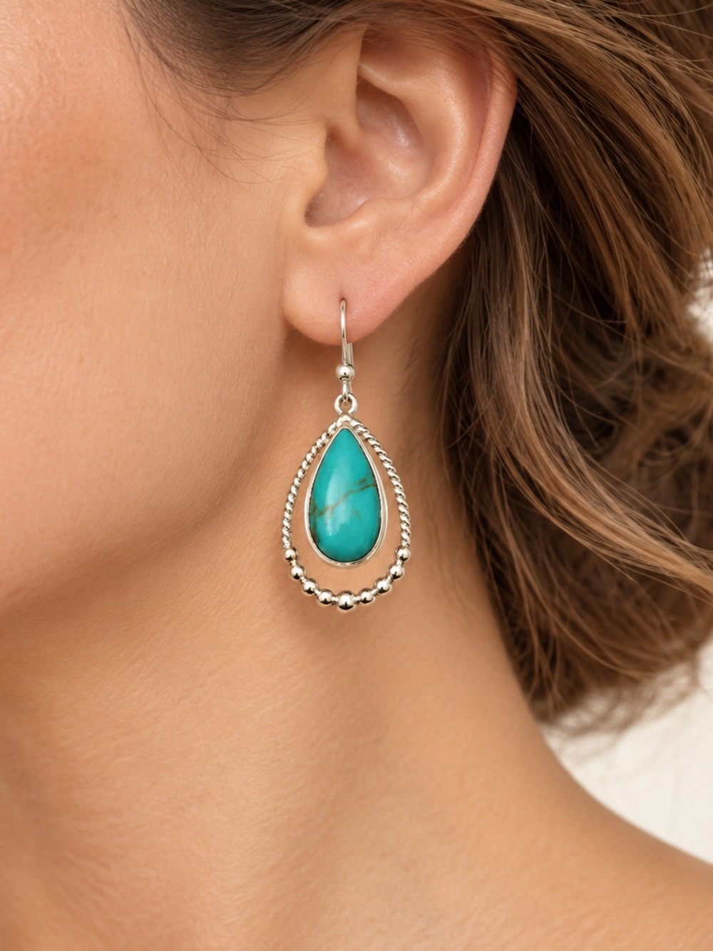 925 Sterling Silver Turquoise Teardrop Dangle Earrings - Made in Mexico